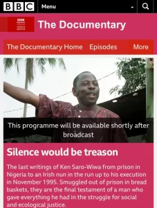 Ken Saro-Wiwa in BBC post for Silence Would Be Treason